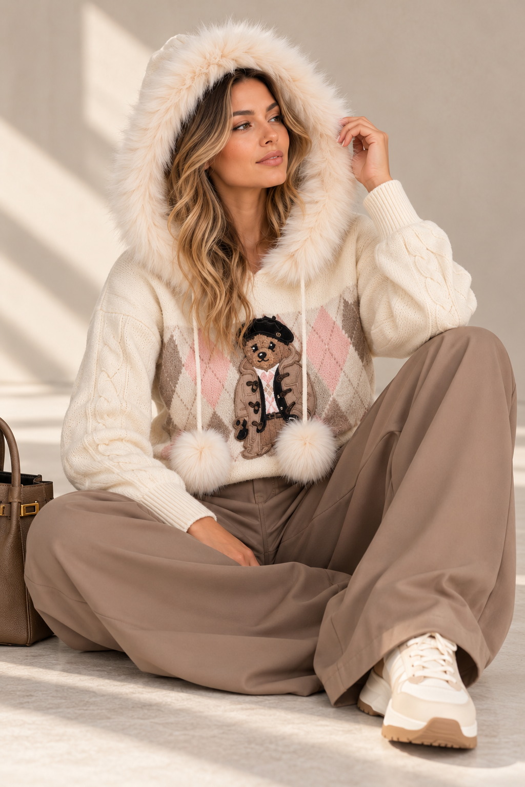 Pom Pom Teddy Jumper with Fur Trimmed Hood