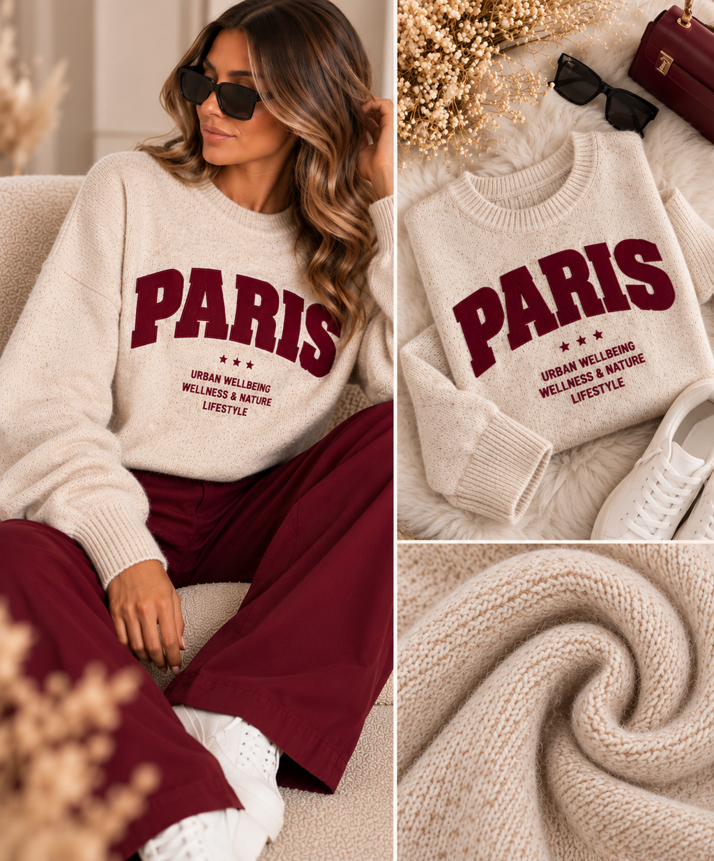 Paris Knit – Oatmeal &amp; Burgundy
