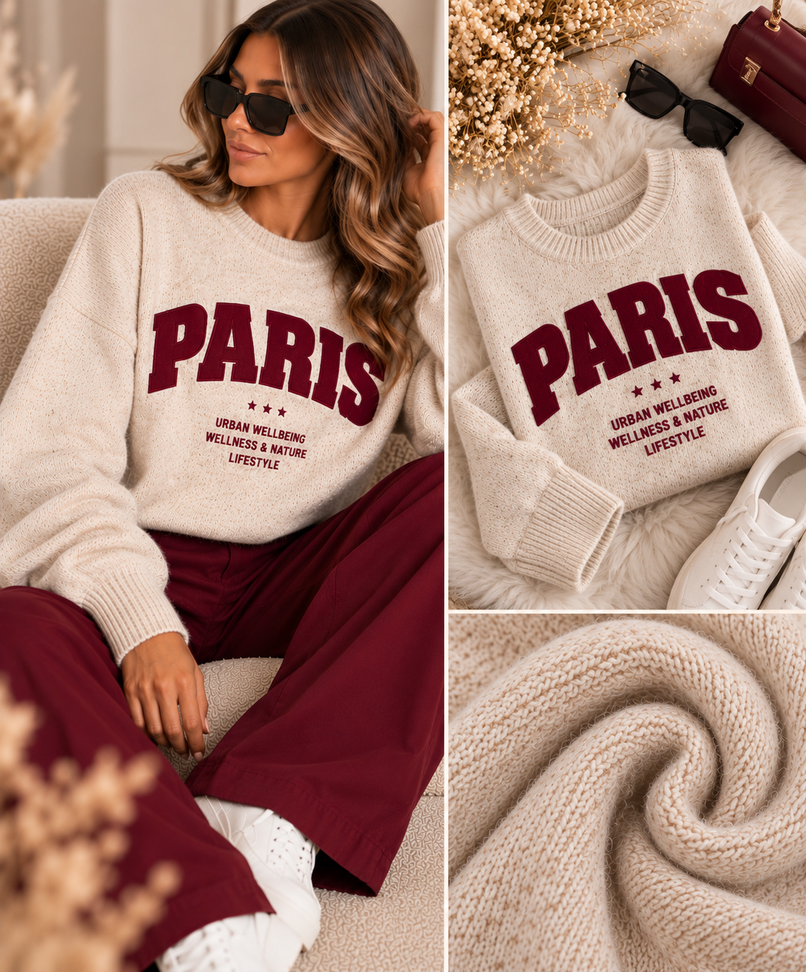 Paris Knit – Oatmeal &amp; Burgundy