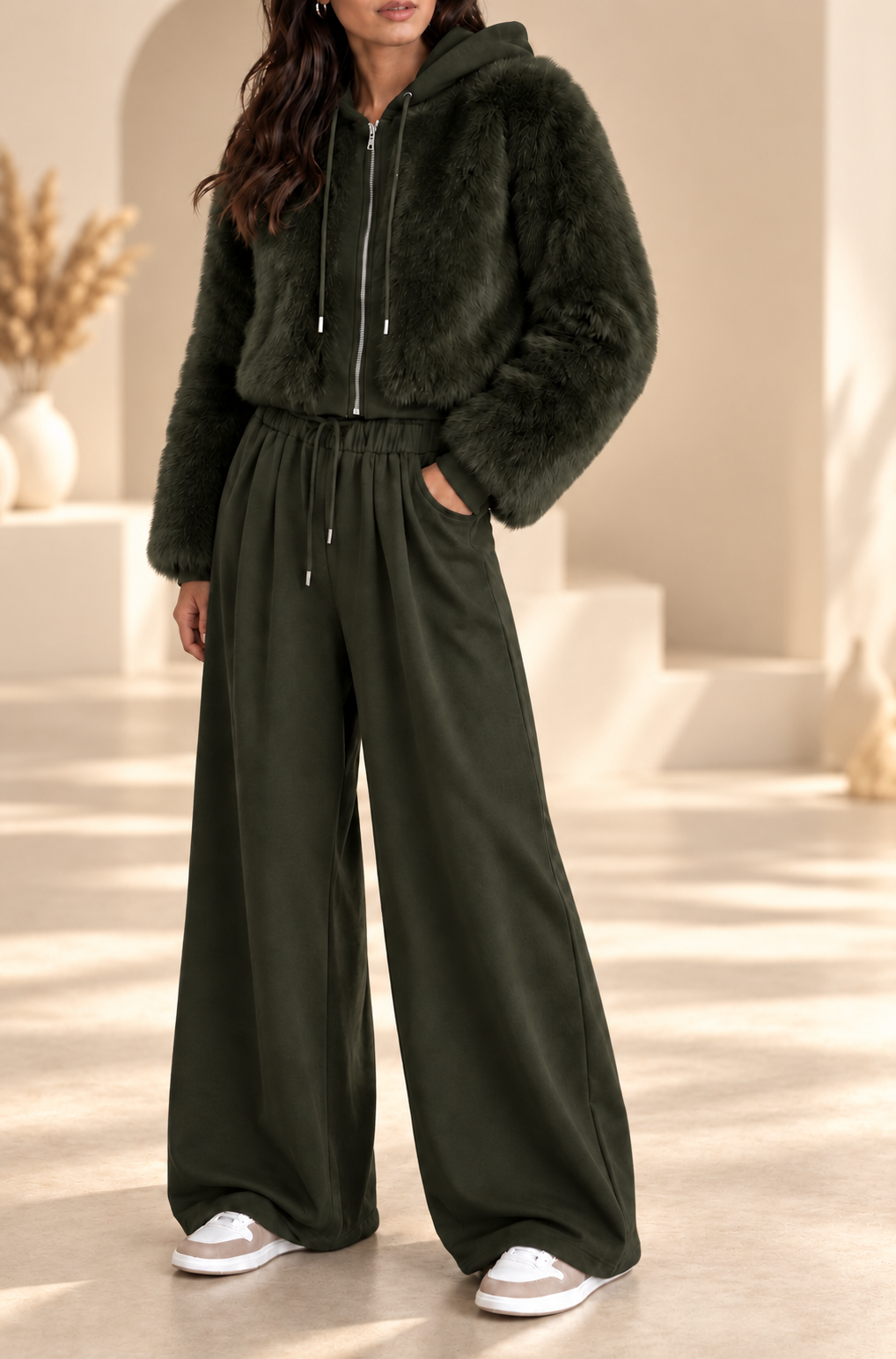 Luxury Faux Fur hooded lounge set - khaki
