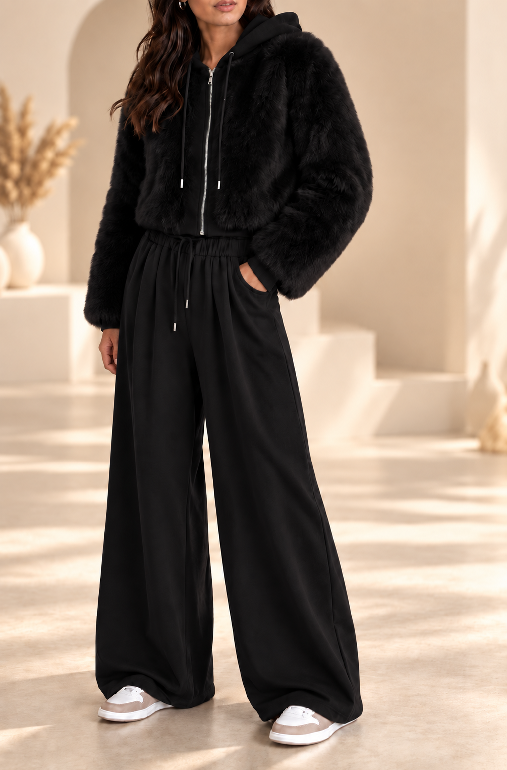 Luxury Faux Fur hooded lounge set -Black