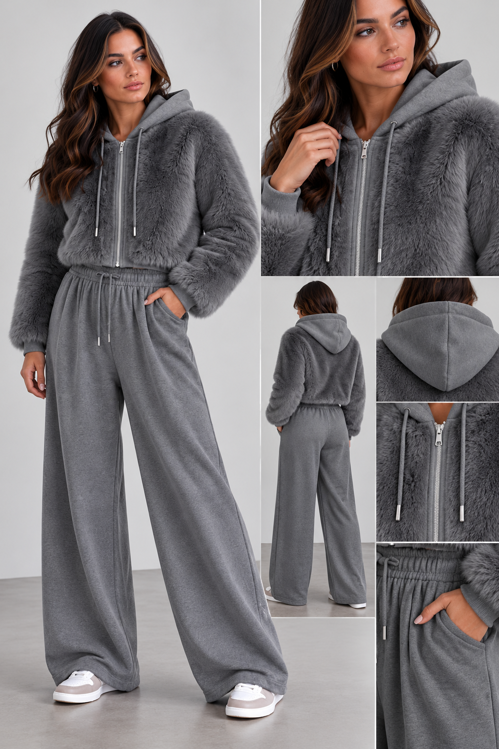 Luxury Faux Fur hooded lounge set - Grey