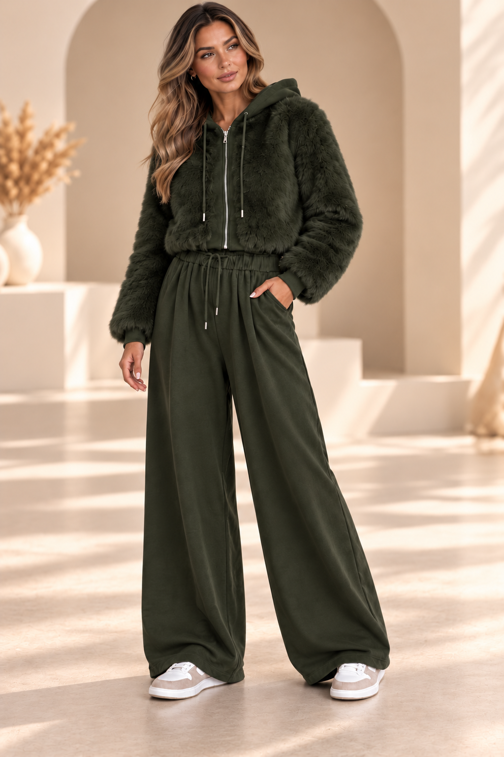 Luxury Faux Fur hooded lounge set - khaki