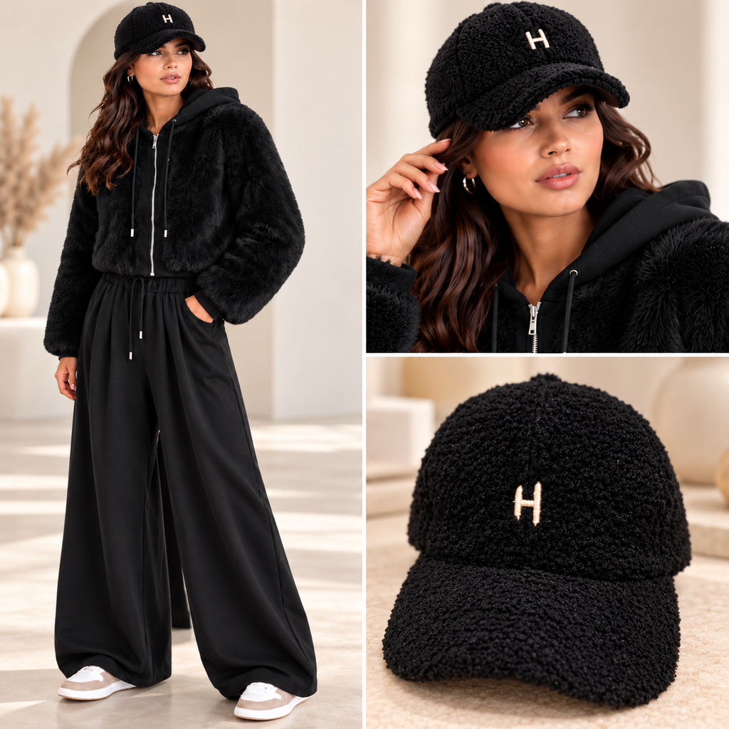 Luxury Faux Fur hooded lounge set -Black