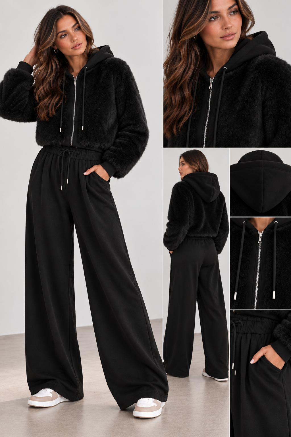 Luxury Faux Fur hooded lounge set -Black